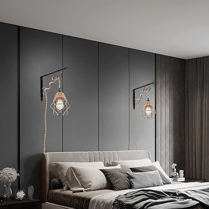 Industrial Hanging Light with Plug in Cord - Hemp Rope On/Off Switch, Farmhouse Pendant Light for Dining Room
