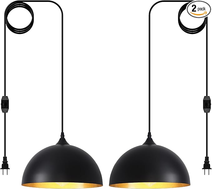 Black Plug in Pendant Light 2 Packs 11.8inch, Farmhouse Pendant Light, Kitchen Pendant Lights, Pendant Lights Kitchen Island, Hanging Lights with Plug in Cord 14.7 ft