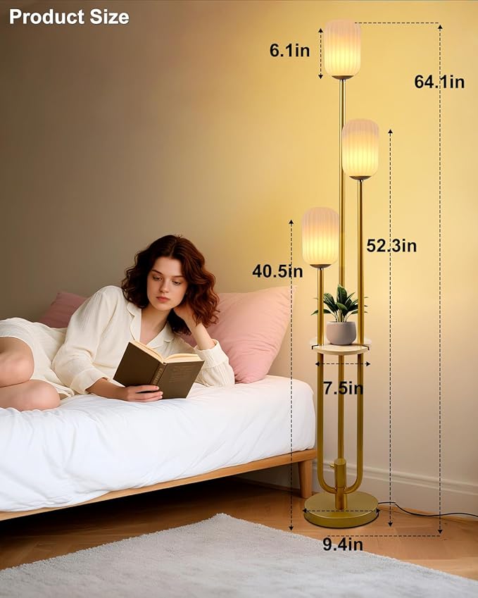 Lightdot Dimmable Floor Lamp with Shelf, Modern Gold Tall Floor Lamps with Oval Striped Lampshade for Wedding/Party, 3000K Bulb Included 3-Lights Standing Lamp for Living Room/Sofa Beside/Corner Decor