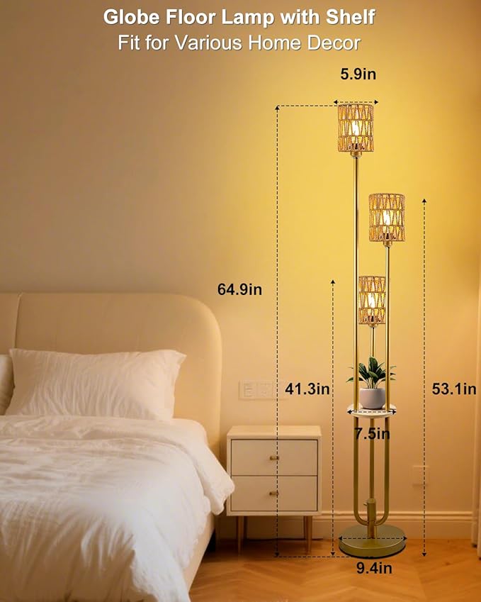 Lightdot Dimmable Boho Floor Lamps for Living Room, 3-Lights Rattan Floor Lamp with Shelves, Farmhouse Floor Lamp, Rustic Gold Standing Lamp with Warmwhite Bulbs Included for Sofa Beside/Corner Decor