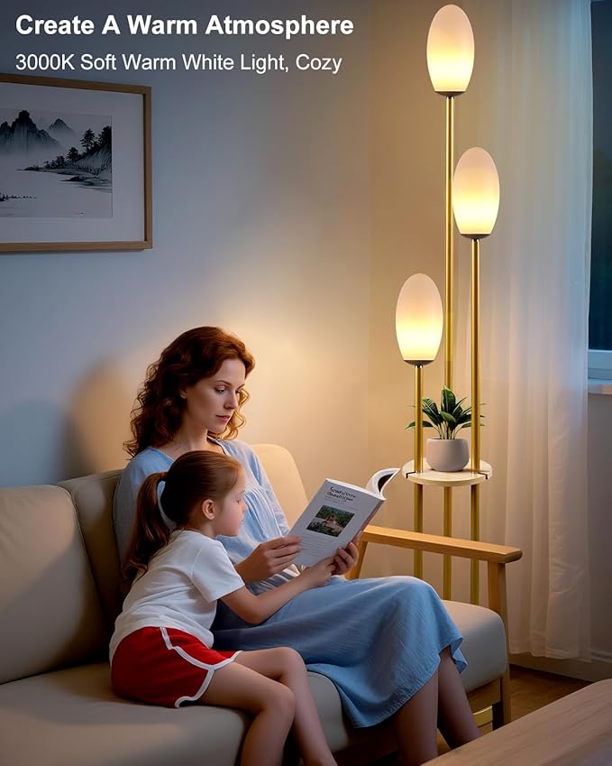Lightdot Gold Floor Lamp Dimmable with Table, Tall Standing Lamps with 3-Oval Lampshades& LED Bulbs Included, 3000K Warmwhite Mid Century Modern Floor Lamp for Living Room/Sofa Beside/Corner Decor
