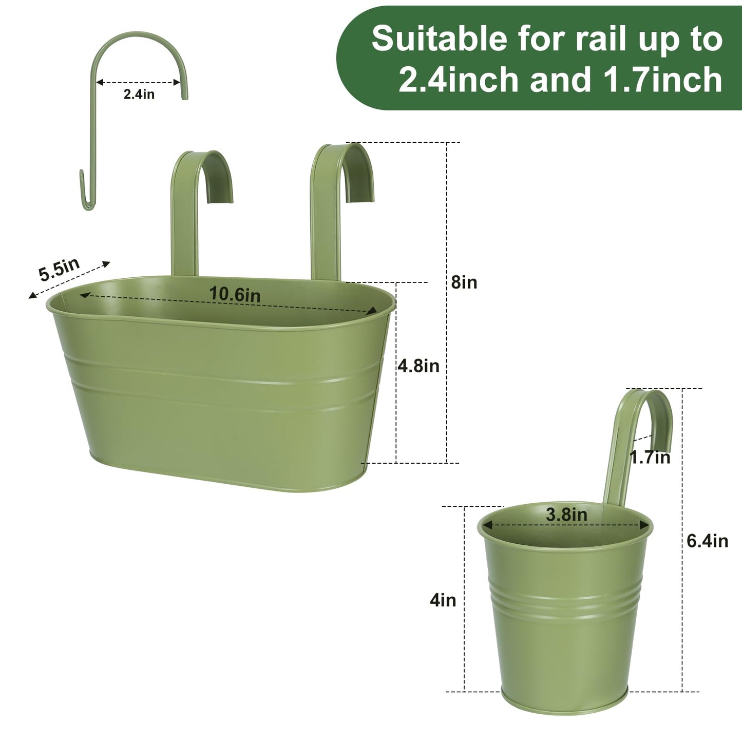 HowRU Metal Iron Flower Pots for Railing Fence Hanging Bucket Pots(5 Pcs) and Hanging Flower Pots Metal Iron Bucket Planter(10 Pcs) (Green)