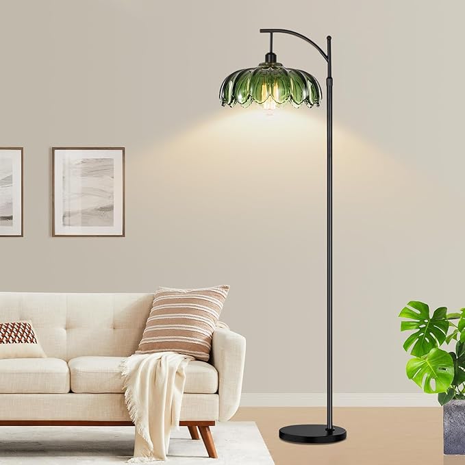 Gold Floor Lamp for Living Room,Bedroom,Standing Lamp with Remote Dimmable Brass Tall Lamp Vintage Retro Mid Century Modern Floor Lamps Arc Green Glass Flower Lamp Floor Light Boho Bohemian