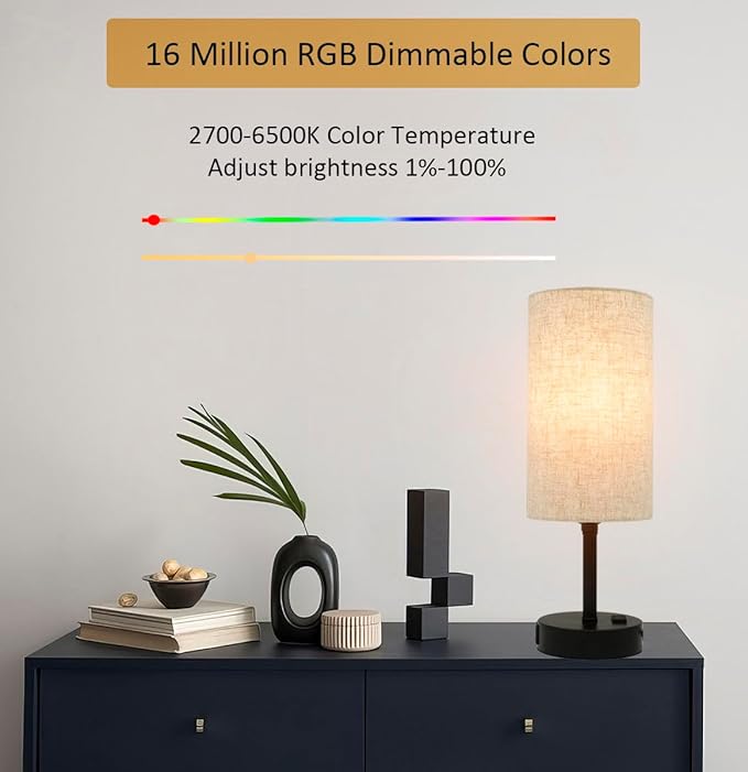 Smart Table Lamp Work with HomeKit, Siri, Alexa, Google Assistant, Smart Beside Nightstand Lamp with AC Outlet & USB A+C Charging Ports, Ambiance Color Changing Bed Table Lamp for Bedroom