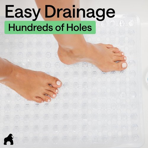 GORILLA GRIP Patented Square Shower Stall Mat, Small Bathtub Floor Mats for Stand Up Showers, Suction Cups and Drainage Holes, Machine Wash, Soft on Feet, Bathroom Accessories 21x21 Inch, 2 Pack Clear