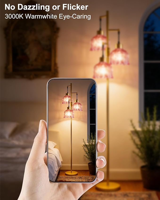 Lightdot 3-Light Flower Floor Lamps, 65'' Dimmable Floor Lamp with Rose Red Glass Shade& E12 Bulbs Included, Mid Century Standing Lamp for Living Room/Bedroom/Sofa Beside/Corner Decor-Gold