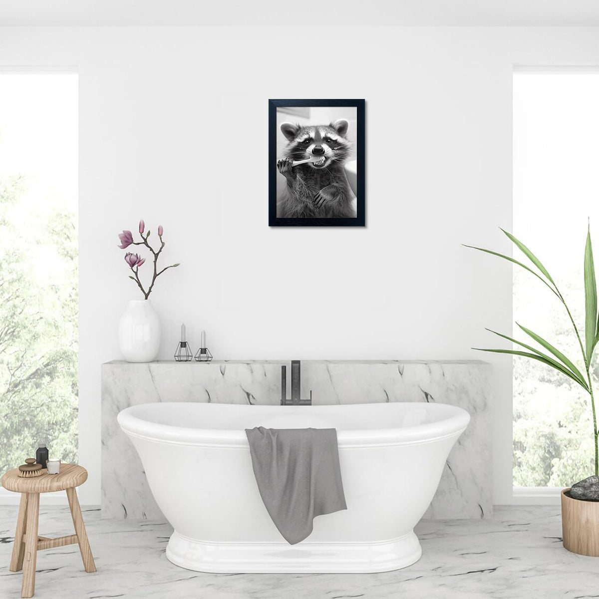 Raccoon Bathroom Art - Funny Black and White Animal Wall Decor | Framed Print for Farmhouse Style