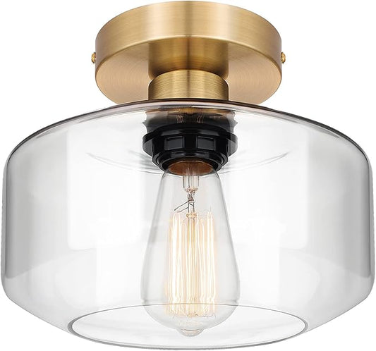MAXvolador Industrial Semi Flush Mount Ceiling Light Gold, Clear Glass Pendant Lamp Shade, Farmhouse Lighting Hallway, Vintage Hanging Light Fixture