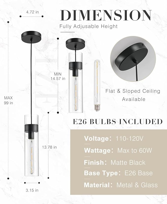 Black Pendant Lights Kitchen Island (Bulb Included), Adjustable Modern Glass Pendant Light Over Island, Industrial Pendant Light Fixtures for Dining Room Hallway Bedroom Living Room