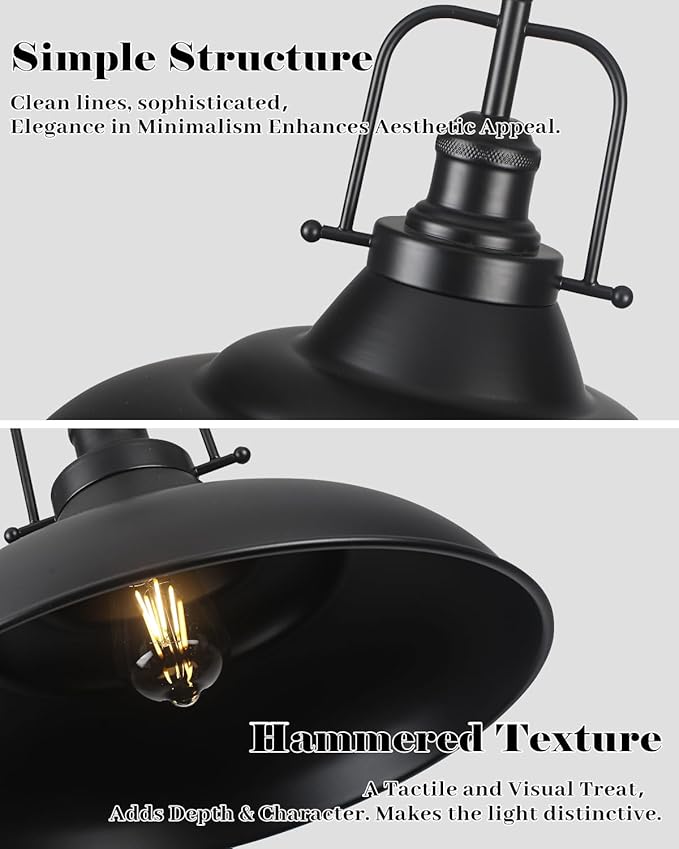 Black Pendant Light Kitchen Island,16 Inch Large Industrial Pendant Lights, Matte Black Pendant Lights, Vintage Farmhouse Pendant Light for Kitchen Island, Dining Room, Hallway (2 Pack)