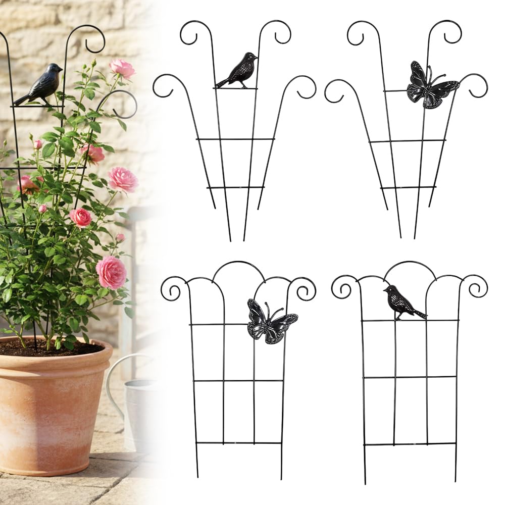4 Pack Trellis for Potted Plants, 2026 New Stackable Metal Garden Trellis for Potted Plants Pothos Plant Climber Support for Indoor & Outdoor Houseplants (Butterfly+Bird)