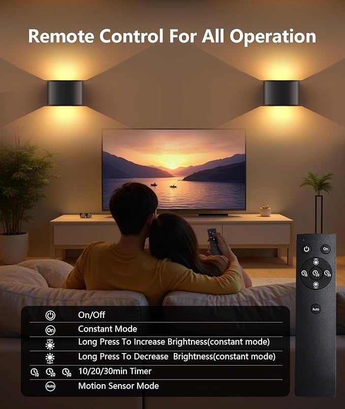 Motion Sensor Rechargeable Wall Lights Wireless Wall Sconces with Remote Control Dimmable Up and Down Wall Lamp Battery Powered Led Wall Mounted Light for Living Room Bedrooms 2 Pack