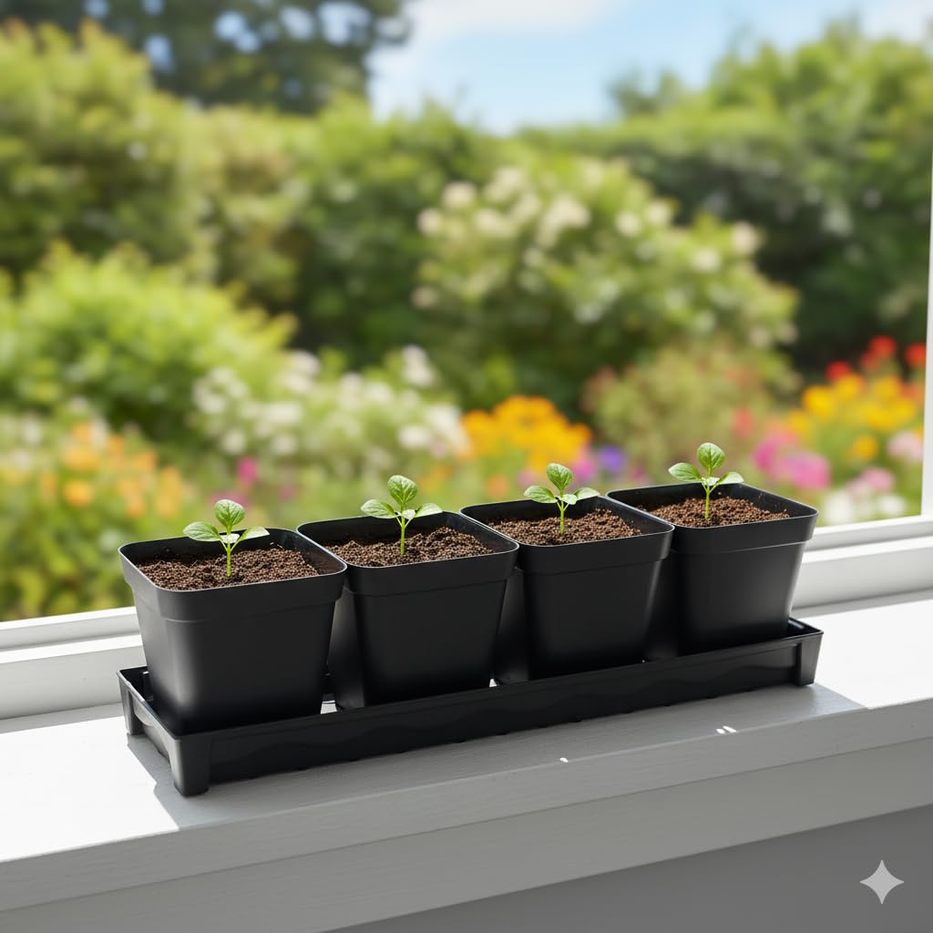 5 Pack Plastic Window Sill Saucer (16"x5.5"x1.5"), Rectangular Windowsill Plant Pot Trays with Removable Drainage Hole, Thick Plant Saucer Tray for 4 inch (10CM) Flower Seedling Pots (Black)