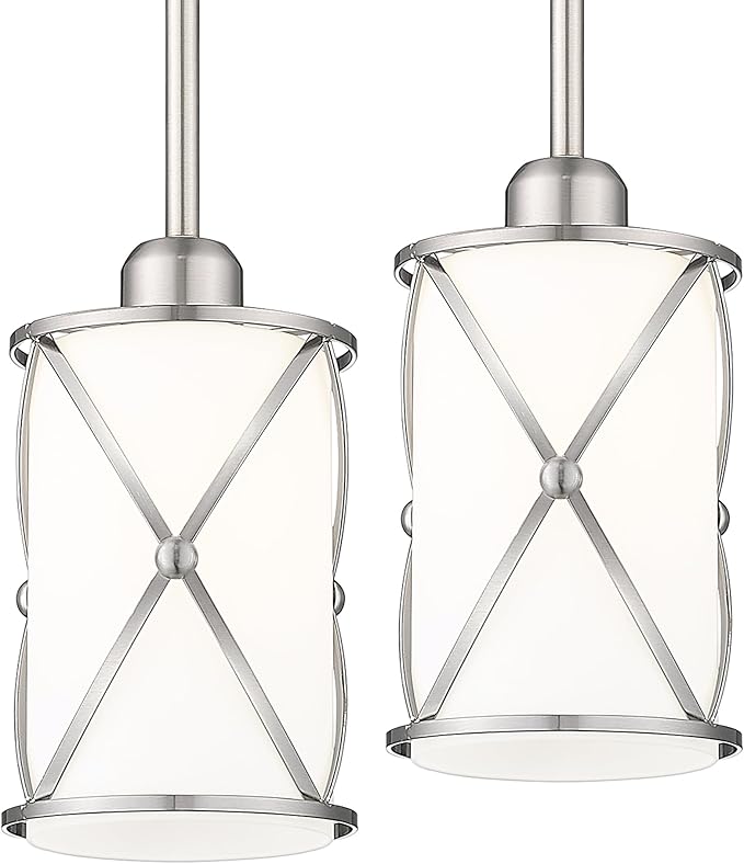 Brushed Nickel Pendant Lights Kitchen Island 2 Pack, Modern Glass Pendant Light Fixtures with Frosted Glass and Rods, Mini Hanging Lighting for Kitchen Sink Bathroom, CH9176BNW-2PK