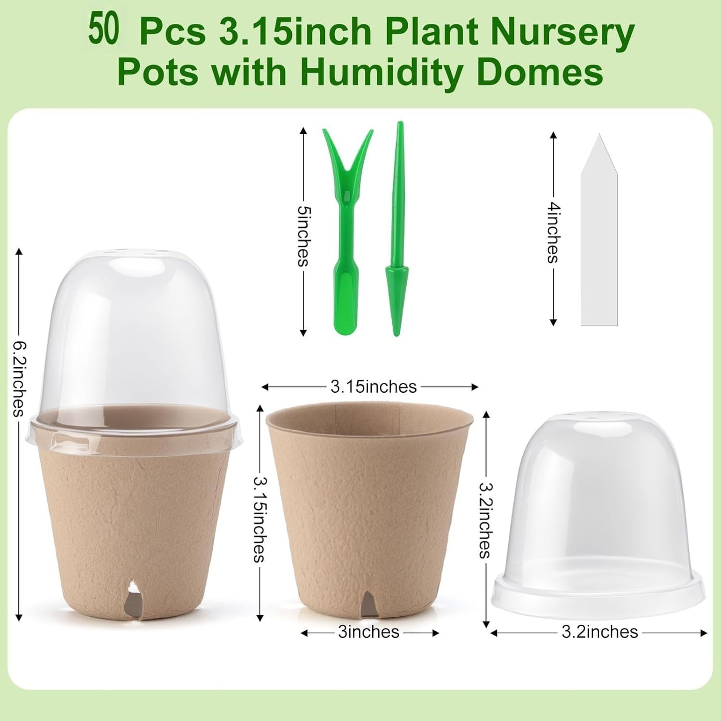 DJGINRO 50 Set 3.15 Inch Peat Pots Plant Starters for Seedling with Humidity Dome,Herb Seed Starter Pots Kits, Garden Germination Nursery Pot wit 50 Plant Labels, 2 Transplant Tools.