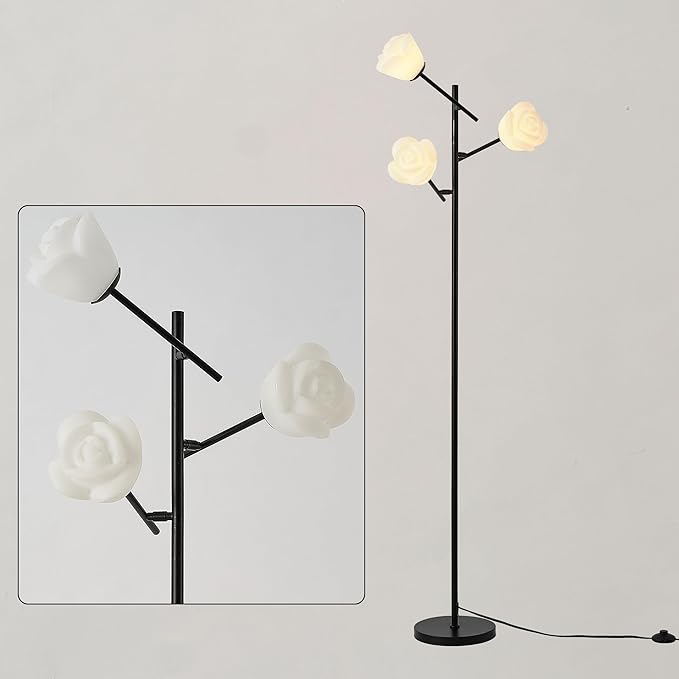 Fiqevs Mid Century Modern Floor Lamp with 3 Adjustable Flower Shade - Floral LED Standing Light with Foot Switch & Light Bulb, Sputnik Tree Lamp for Living Rooms Bedrooms - Black