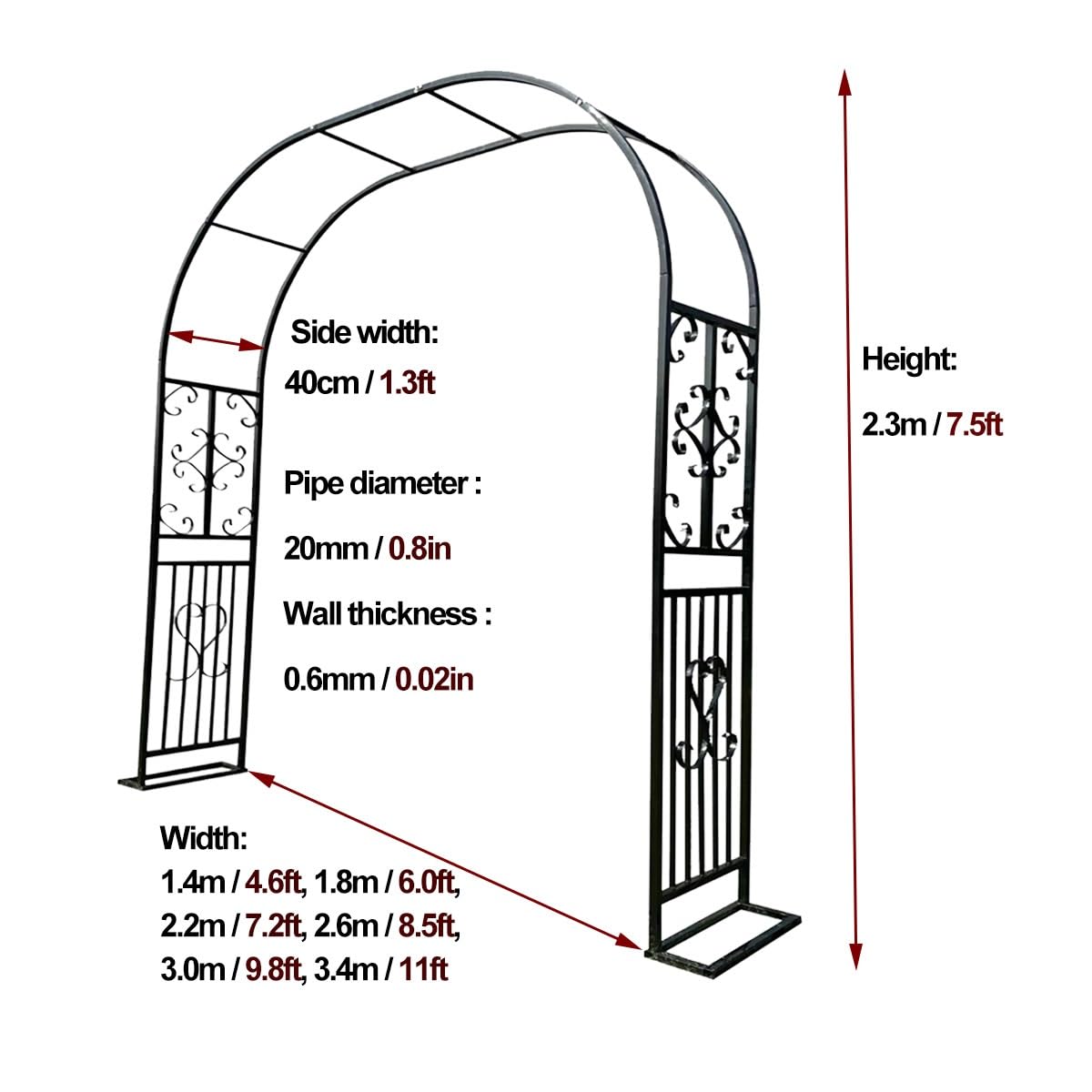 Hltzyzbl Garden Trellis Arbor Metal Arch Heavy Duty Roses Outdoor Arbour for Various Climbing Plant Easy-to-Assemble Stable W8.5ft X H7.5ft, W9.8ft X H7.5ft, W11ft X H7.5ft(White,W4.6ft)