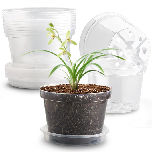 RooTrimmer 12 Pack 8 Inch Clear Plant Pots with Saucers, Transparent Plastic Nursery Pots with Drainage Hole, Sturdy Garden Planter Pots, Planting Starter Pots for Indoor Outdoor
