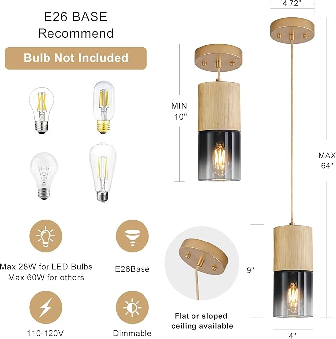 2-Pack Gold Pendant Light Fixtures, Adjustable Modern Black Pendant Lights for Kitchen Island, Industrial Glass Pendant Lights for Dining Table Hallway Bedroom Living Room
