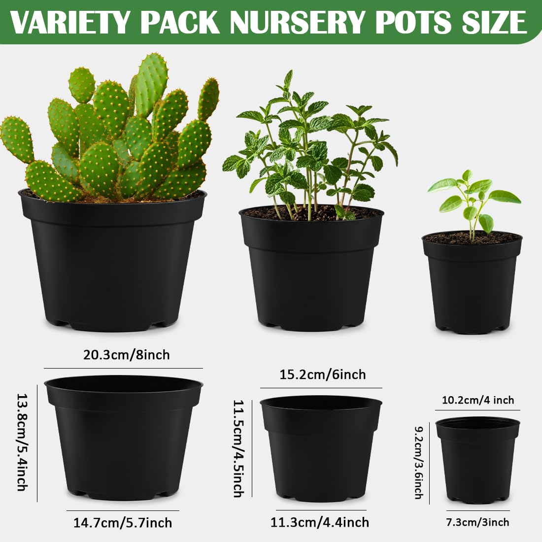 RooTrimmer 4/6/8 Inch Black Plant Nursery Pots, 15 Pack, Thickened Plastic with Drainage Holes, Indoor/Outdoor