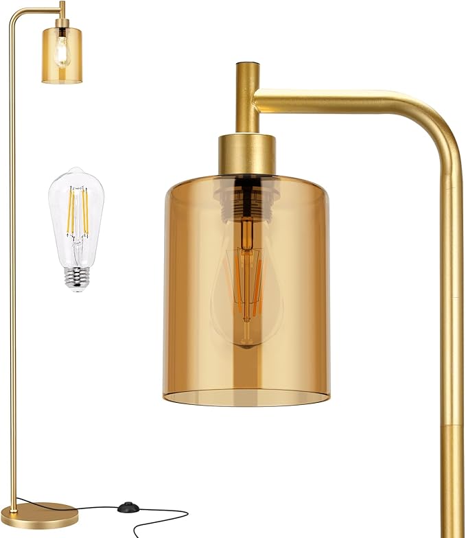 Floor Lamps for Living Room - Gold Standing Lamp with Amber Glass Shade, Modern Floor Lamp with LED Bulbs, Bright Industrial Floor Lamp for Bedroom, Farmhouse Tall Lamp for Office