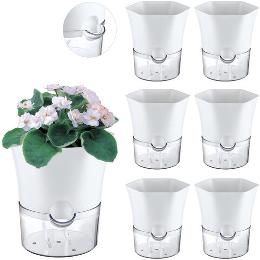 6-Pack 6" Clear Self Watering Pots for Indoor Plants Large Hexagon Self-Watering Planters Orchid Pots Plastic Wick Flower Plant Pots for African Violet, Spider, Herbs, Home Decor, White and Clear