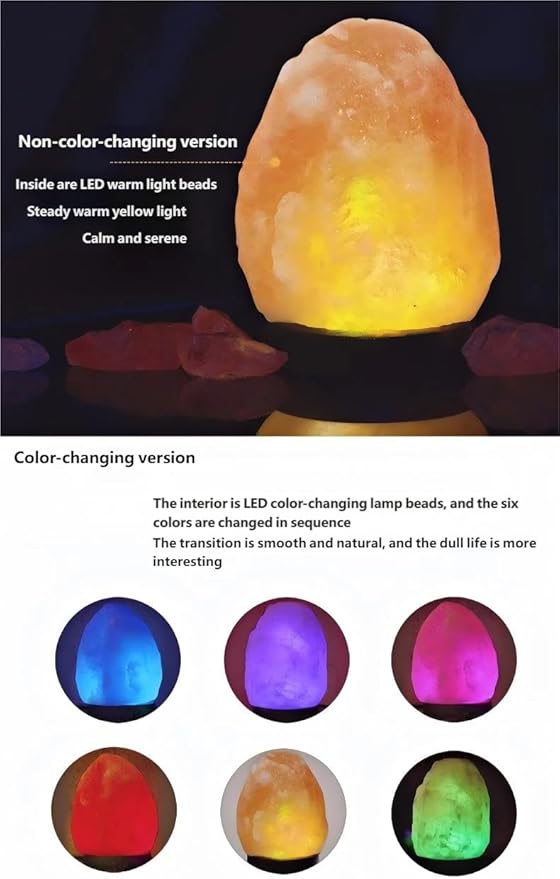 Himalayan Salt Lamp with USB Power, Natural Shape, Color-Changing LED and Warm White Light, Wooden Base Night Light (L, Change Color)