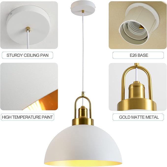 Vintage Industrial Pendant Light - 13.58'' Rustic White and Gold Farmhouse Dome Pendant Lighting, 78.74'' Length, for Kitchen, Dining, Bedroom, Living Room