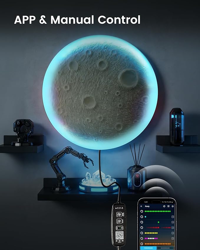 3D Moon Lamp – 3D Printed PLA Floating Moon, APP & Manual Control, RGB Music-Sync, Desktop & Wall-Mountable Night Light for Home, Kids, Party (Moon 8.6lnches)