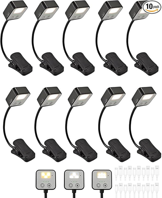 10 Pack Rechargeable Book Lights for Reading at Night in Bed, LED Book Light with Memory Function Lightweight Booklight Bulk Clip on Small Portable Travel Reading Lamps for Book Lovers USB Charging