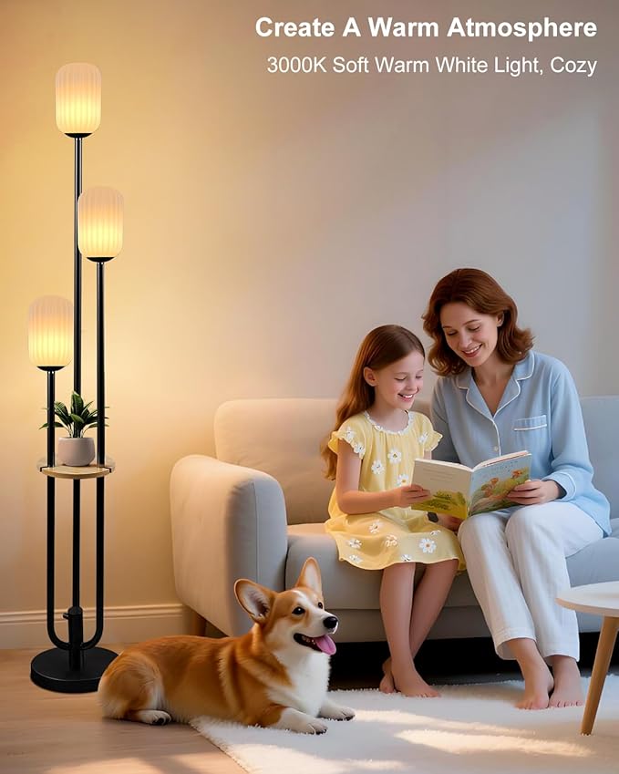 Black Dimmable Floor Lamp with Table, Modern Floor Lamps with Oval Striped Lampshade 3000K Soft Warm White 3-Lights Candle Holder Style Tall Lamp for Living Room/Bedroom