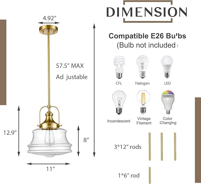 Modern Schoolhouse Pendant Light Fixtures Brass Hanging Kitchen Light with Clear Shade, E26 Light for Dining Room, Bedroom, Bathroom