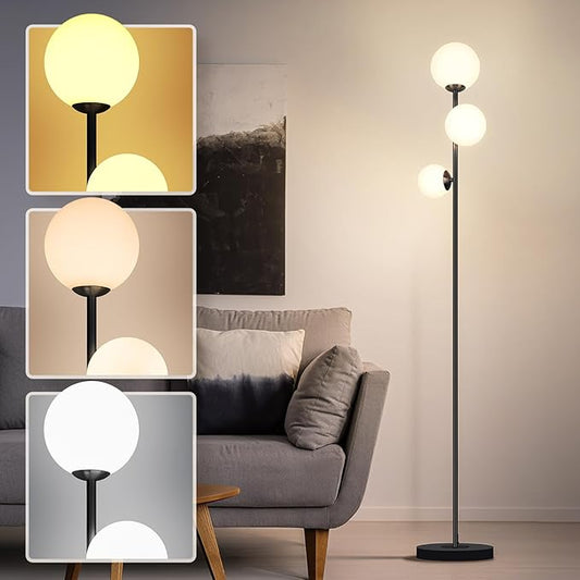 Soilsiu 3 Globe Floor Lamp - Mid Century Modern Standing Light with 3 Color Temperatures, LED Bulbs, Frosted Glass Shades for Living Room (Black)