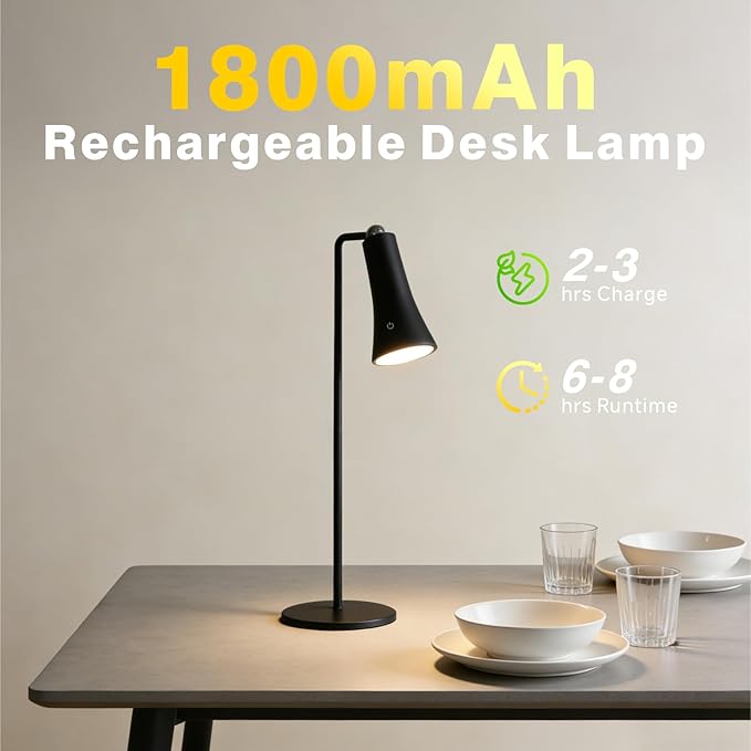 Rechargeable LED Desk Lamp, 4-in-1 Cordless Table Lamp, Magnetic Wall Mount LED Light, with Stepless Brightness, 3 Color Dimmable, 360° Rotation, For Reading, Office, Bedroom,Working, Hallway (Black)