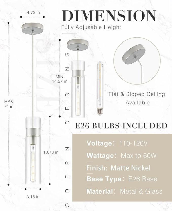 3 Pack Pendant Lights Kitchen Island (Bulbs Included), Brushed Nickel Adjustable Modern Glass Pendant Light Over Island, Industrial Pendant Light Fixtures for Dining Room Hallway Bedroom Living Room