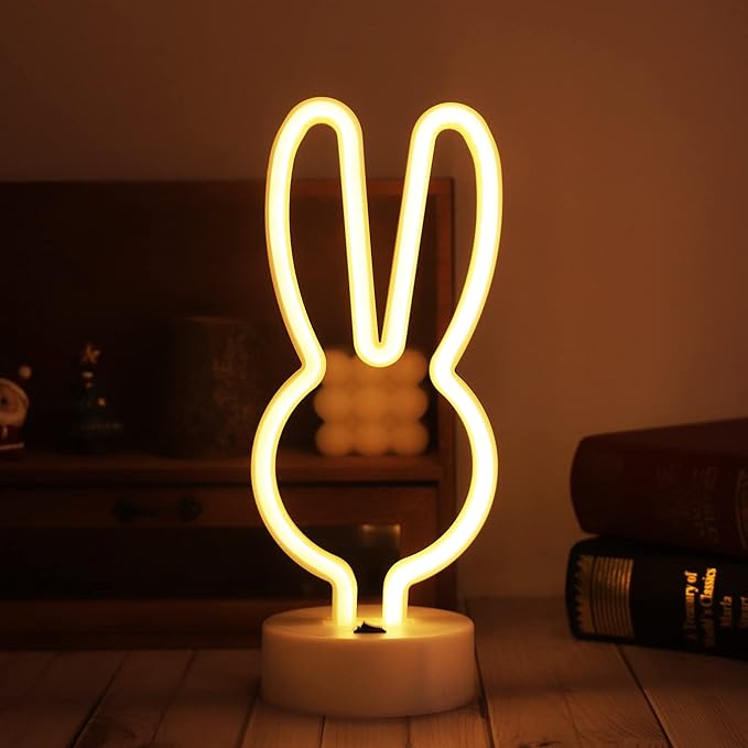 Easter Decorations Neon Signs, Bunny Neon Lights with Base - Battery/USB Operated Rabbit Stuff for Home, Nursery Room, Baby Teen Kids Girls Bedroom, Spring Decor (Warm White)