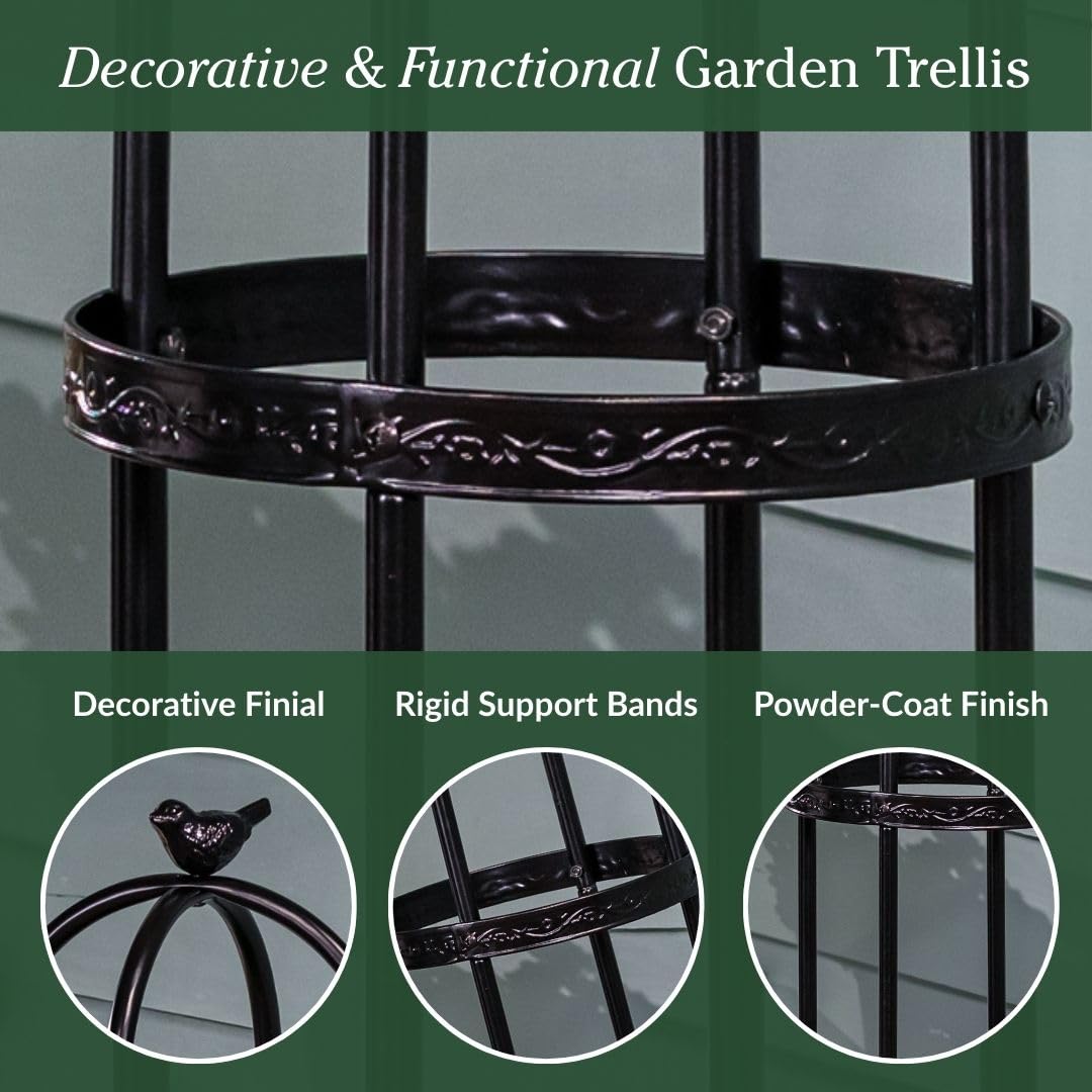 Evergreen Metal Garden Obelisk Trellis for Climbing Plants Outdoor Black | 7 Feet Adjustable | Indoor Plant Trellis for Potted Plants & Heavy Vines | Floral Pattern Arch Trellis