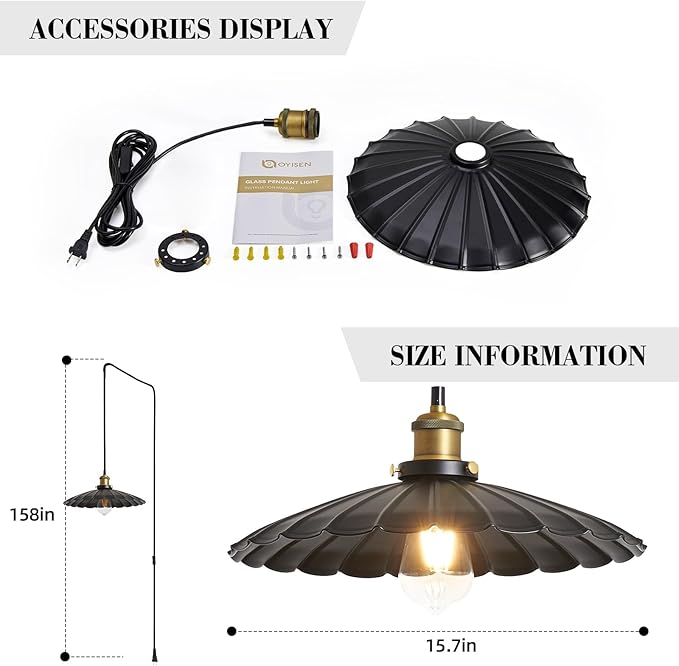 Plug in Hanging Light,15.7 Inch Retro Black Metal Shade Plug in Hanging Lamp On/Off Switch Dining Room Hallway Vintage Hanging Pendant Light for Farmhouse 2Pack