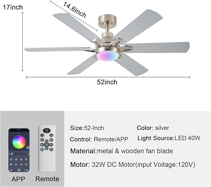 52in Ceiling Fans with Lights RGB Ceiling Fan with Light and Remote/APP Control,Low Profile Ceiling Fans with Lights for Bedroom,Living Room,Kids Room,3CCT Dimmable Modern Ceiling Fan, 6 Speeds,Nickel