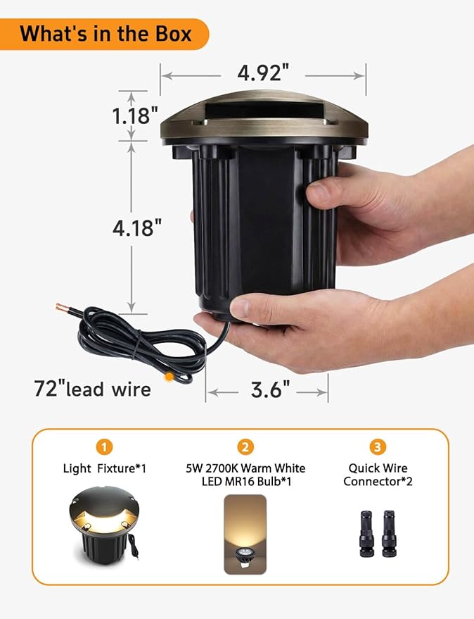Gardenreet Outdoor Low Voltage Well Lights - Brass Low Voltage 12V Replaceable Bulb In-Ground Lighting, LED Turret Top Fixture, Antique Bronze for Patio Backyard House with 2700K Warm White MR16 Bulb