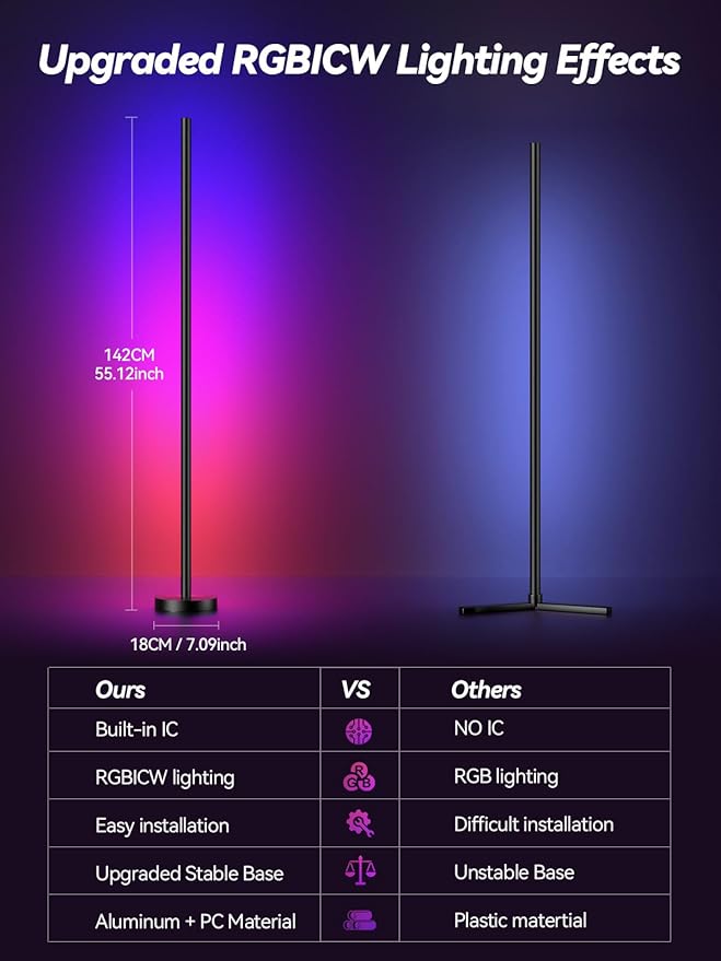 RGBICW LED Corner Floor Lamp with App & Remote Control - 16 Million Colors, 68+ Scene Modes, Music Sync, Smart Lighting for Living Room, Bedroom, and Gaming Room