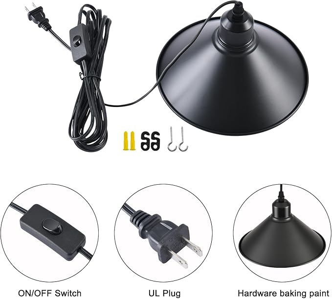 Black Plug in Pendant Light, 2 Pack Industrial Hanging Lamp Black Vintage Pendant Lighting Fixtures with 15ft Cord On/Off Switch for Kitchen Island Dinning Hall Bedroom
