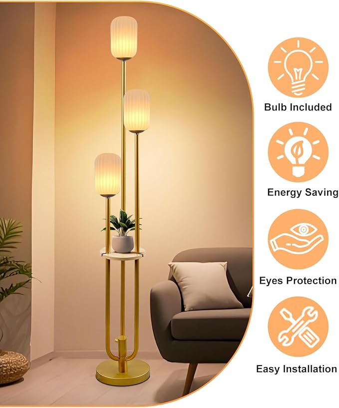 Lightdot Dimmable Floor Lamp with Shelf, Modern Gold Tall Floor Lamps with Oval Striped Lampshade for Wedding/Party, 3000K Bulb Included 3-Lights Standing Lamp for Living Room/Sofa Beside/Corner Decor