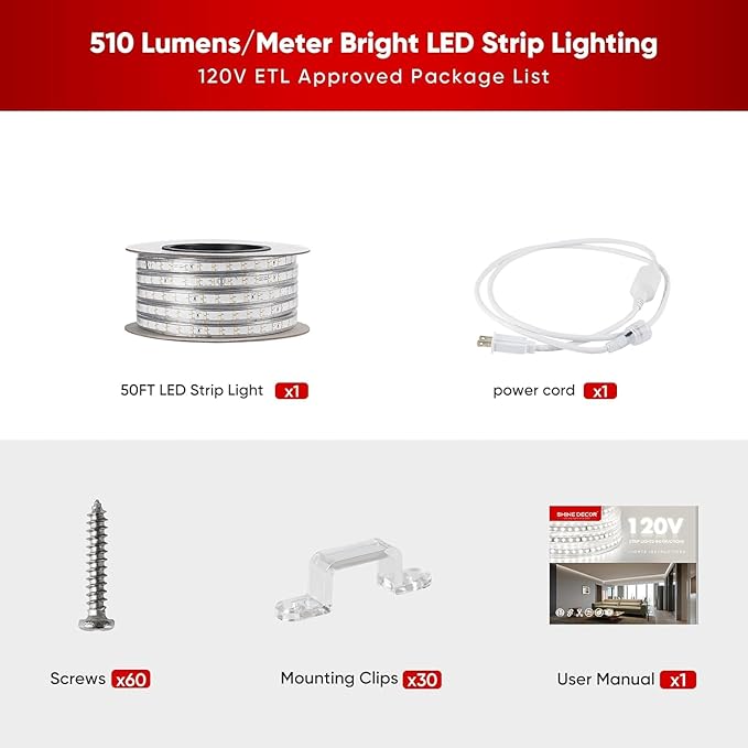 Shine Decor Plus LED Strip Lights AC 120V, Connectable Double Row Bright Rope Light, ETL IP65 Waterproof & Weather-Resistant for Accent Lighting, 7x17mm, 6000K Cool White, 50FT