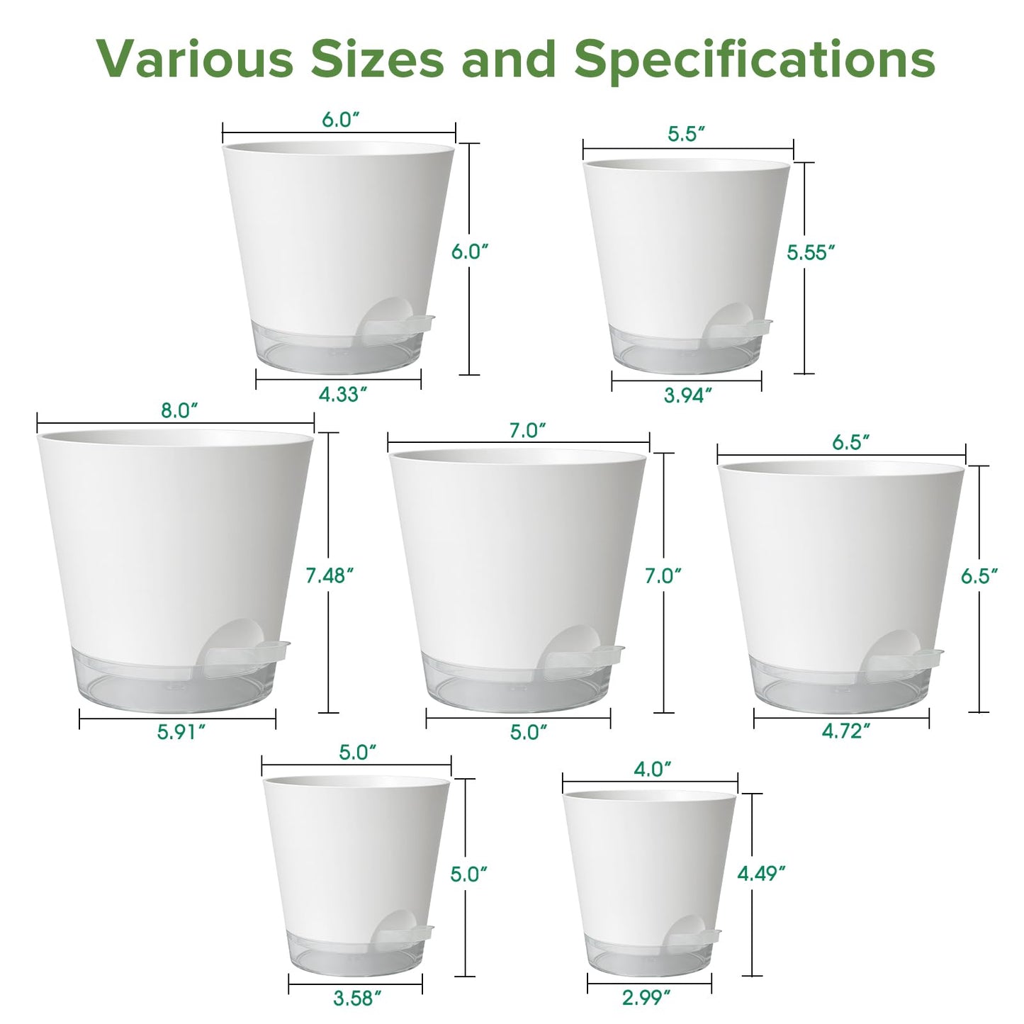 GARDIFE 2026 Upgraded Self Watering Plant Pots with Drainage Hole, 8/7/6.5/6/5.5/5/4 Inch Flower Planting Containers for House Plants, African Violet, Flowers, Cactus (White, 8+7+6.5+6+5.5+5+4 inch)