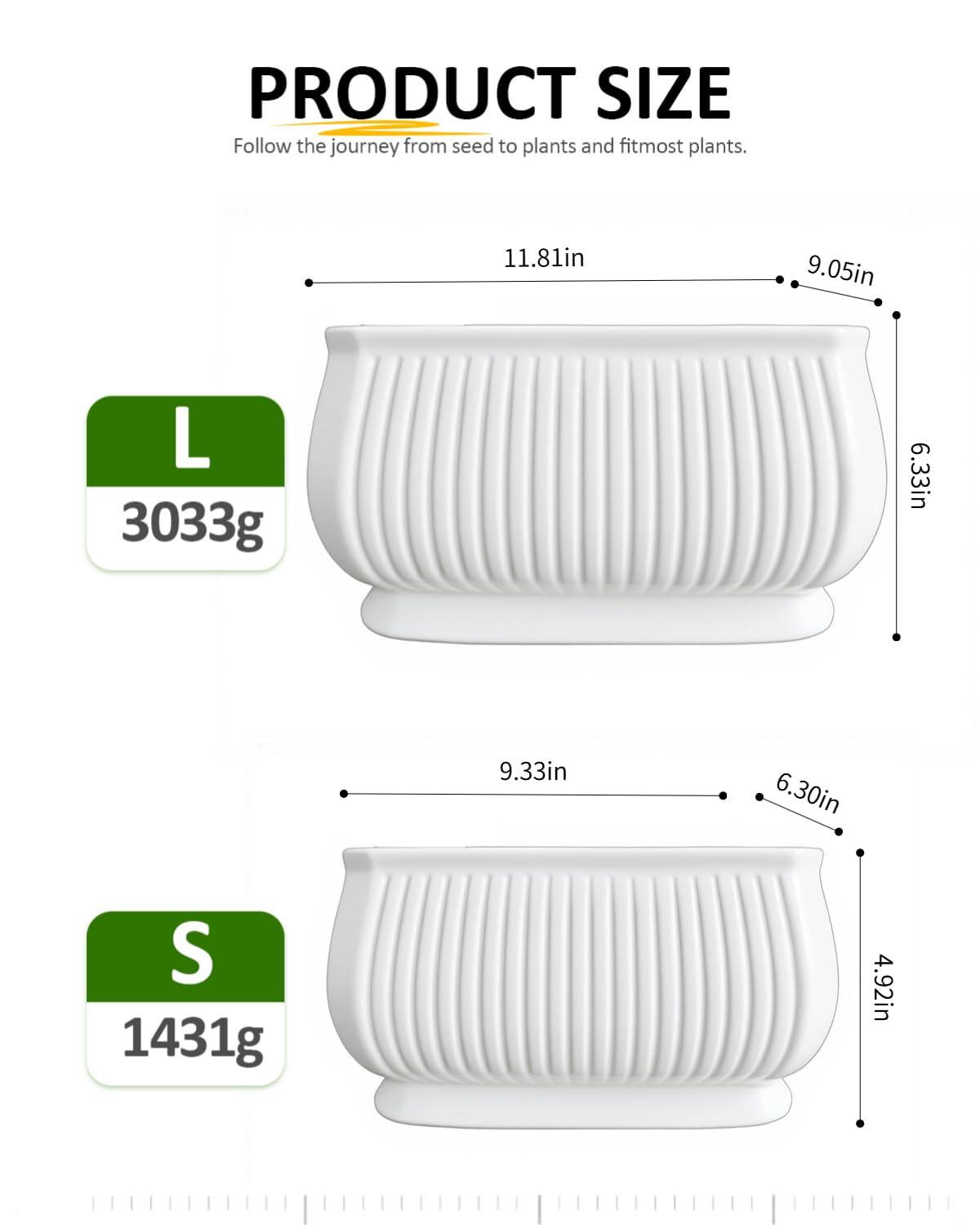OXART Ceramic Plant pots Indoor Pots Set with Drainage Holes, 11.8+9 inch Flower Pot Rectangle Planters Pots for Plants for Plants Lilies, Cacti, Succulents, and Pothos, No Trays (White-2)