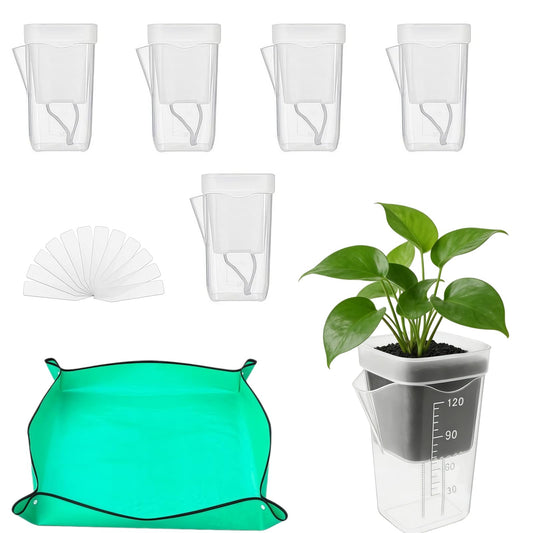 5 Pack 2" Mini Self Watering Pots for Indoor Plants, Small Self Watering Nursery Pots with Drainage Holes, Clear Plastic Plant Pots for Succulents, Cuttings, Herbs (Incl. 50x50cm Gardening Mat)