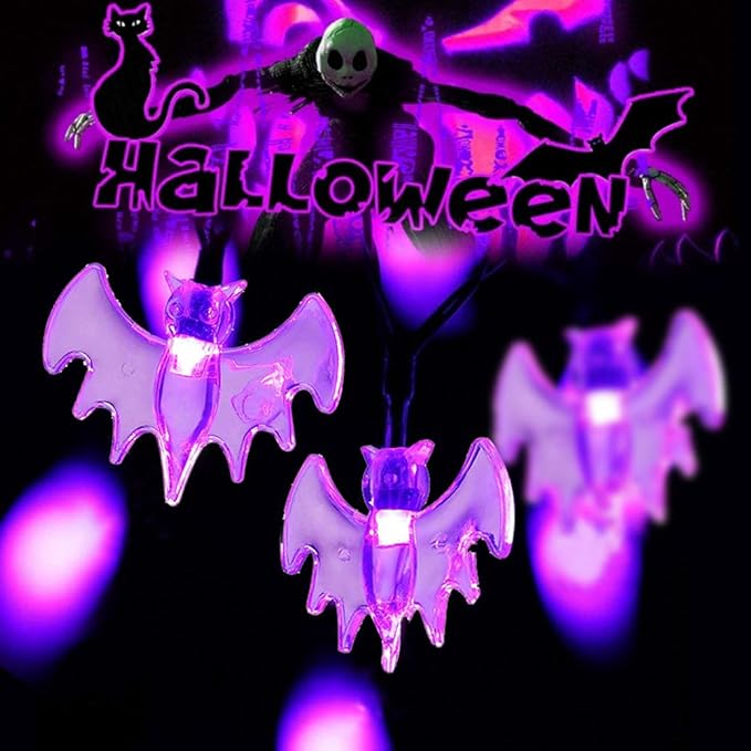 Halloween Solar String Lights, 21.3 Ft 30 LED Purple Bat LED Lights IP65 Waterproof for Halloween Outdoor Indoor Party Decor, Patio, Lawn, Garden, Yard