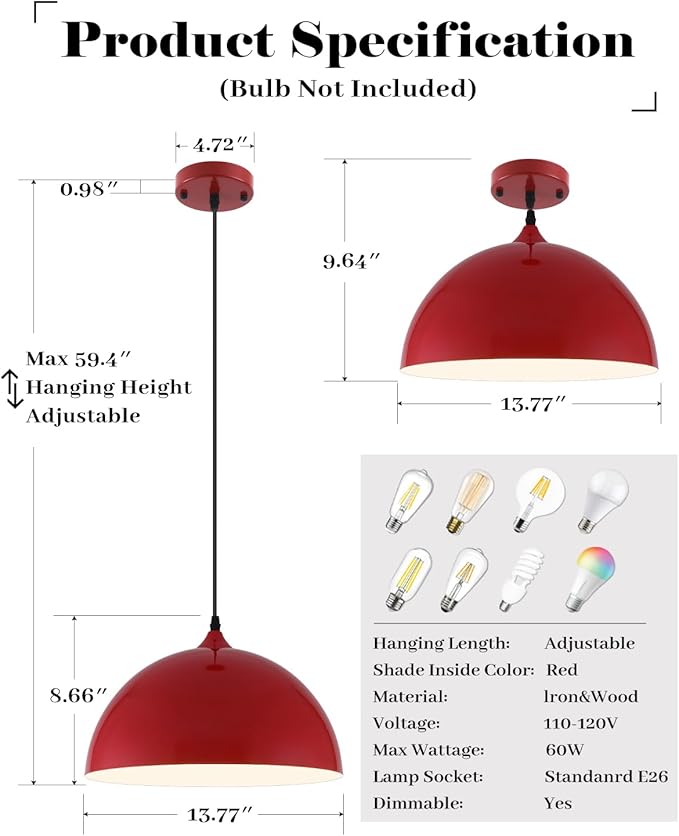 Red Pendant Lights Kitchen Island 2 Pack, 14 Inch Large Dome Pendant Light, Red Farmhouse Pendant Light, Island Pendant Lights for Kitchen, Dining Room, Cafe