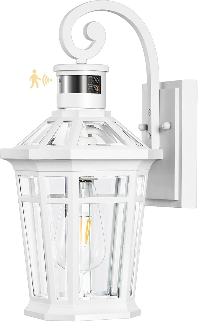 Motion Sensor Outdoor Wall Lantern, White Outdoor Lighting Fixtures Wall Mount, Dusk to Dawn Exterior Sconce Lights with Beveled Glass, Waterproof Exterior Front Porch Lights for Garage, Coach